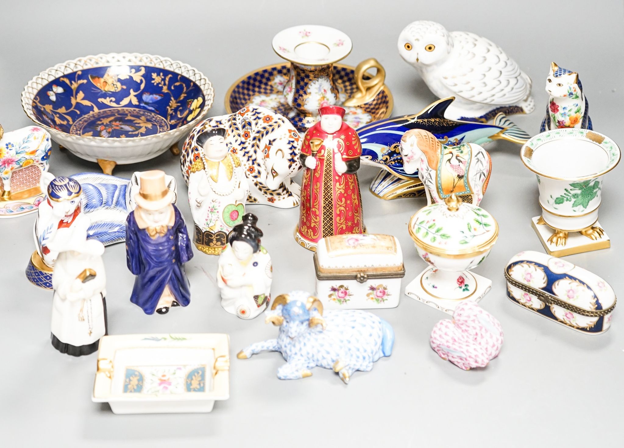 Royal Worcester and other ceramic ornaments including nun candle extinguisher, three Royal Crown Derby paperweights and Herend. Boxes included